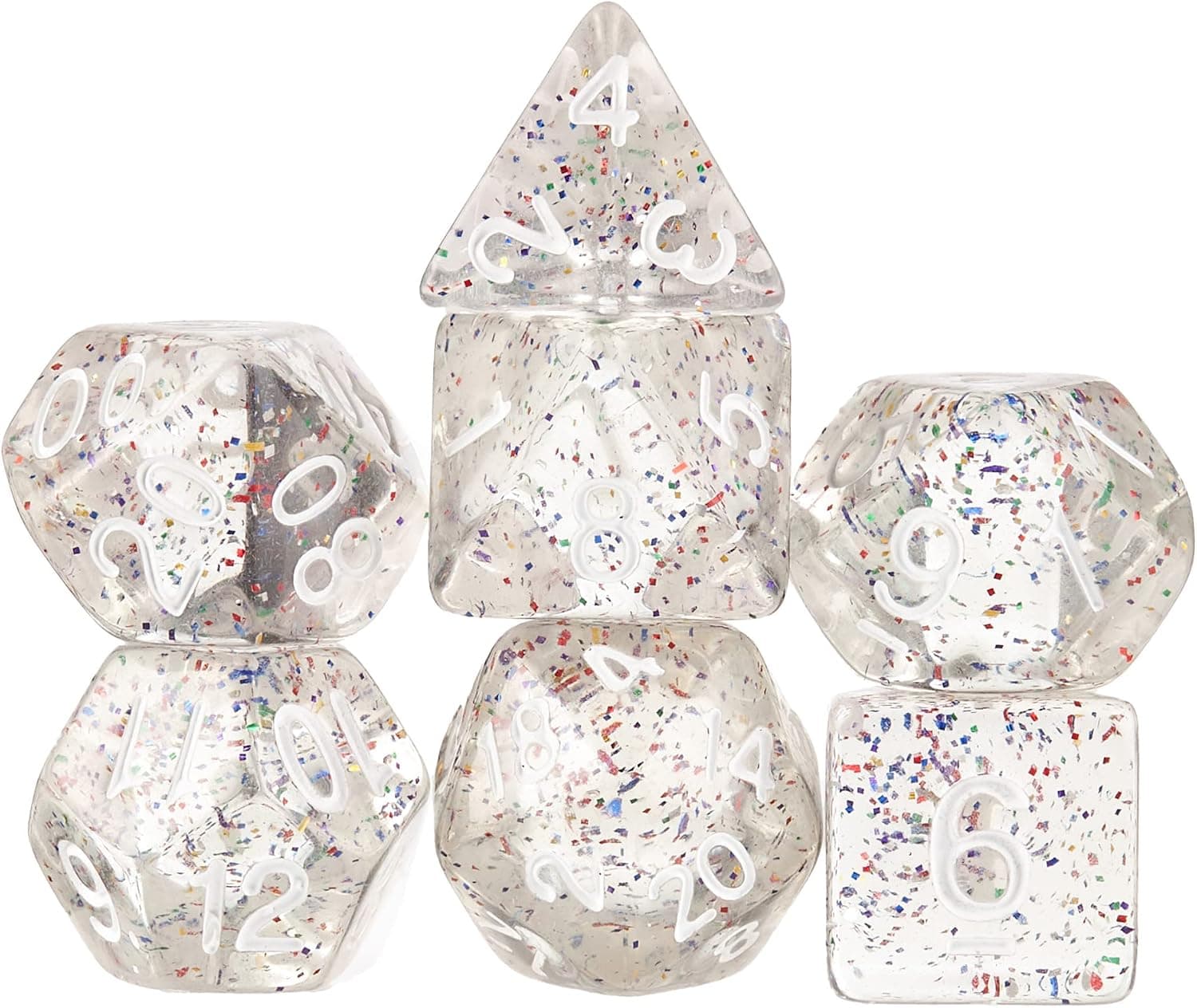Wiz Dice Sparkle Vomit Set of 7 Polyhedral Dice, Transparent & Rainbow Glitter Tabletop RPG Dice with Clear Display Box