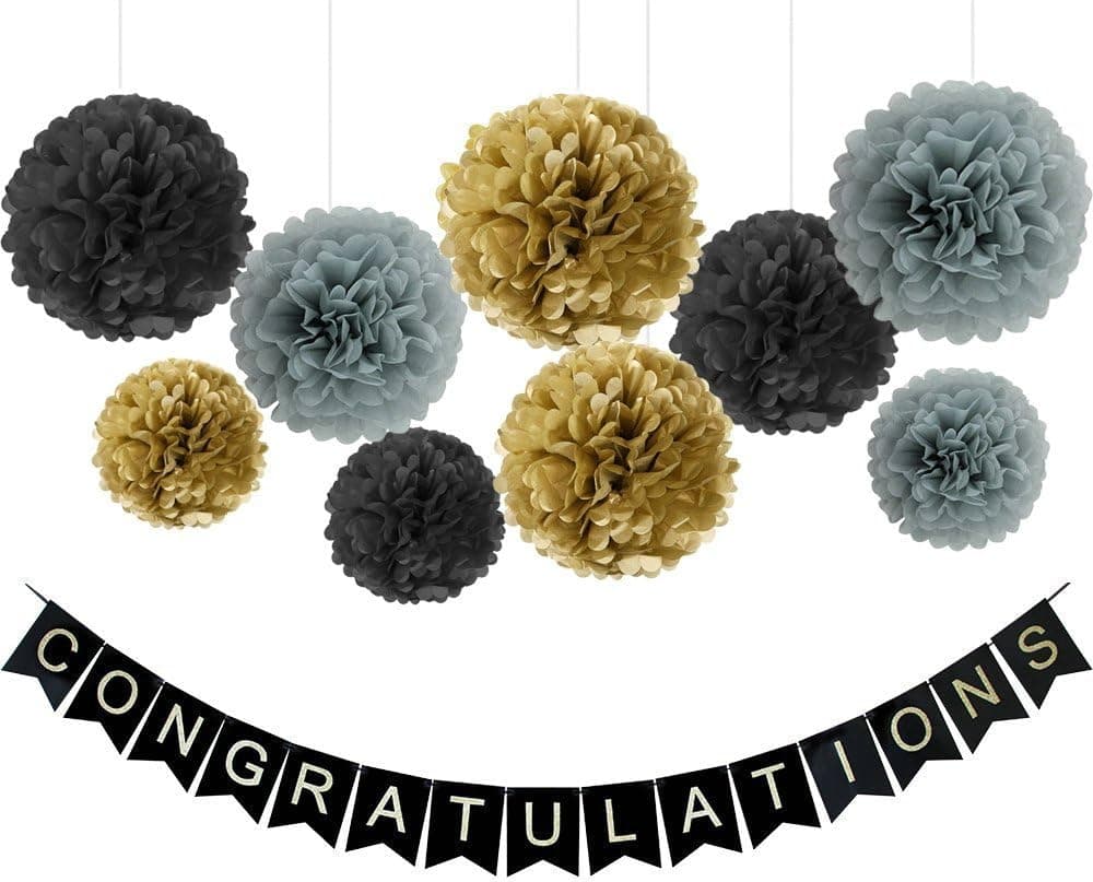 Fascola Congratulations Decorations kit-Congratulations Black Banner Shimmering Gold Letters ,9 Pcs Tissue Paper Pom Poms Flower Garland for Birthday,Retirement,Anniversary,Graduation Party