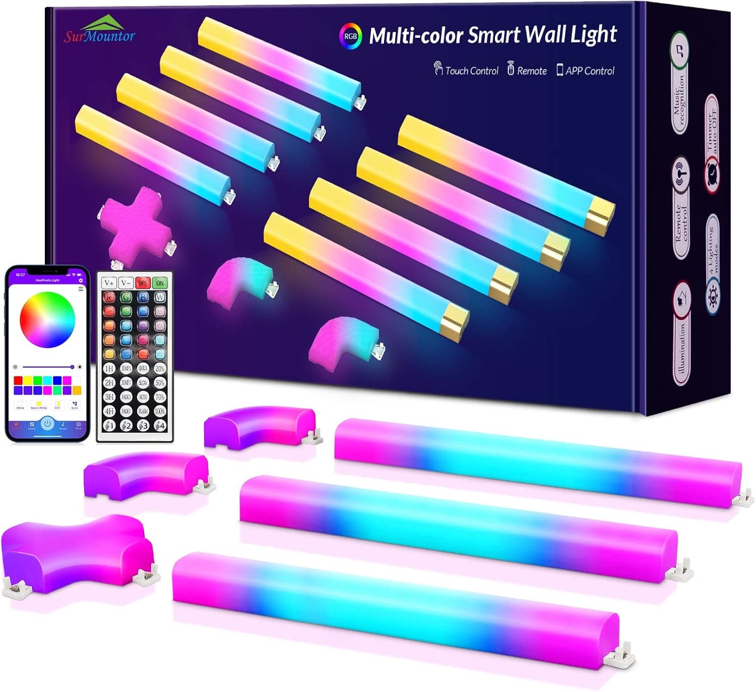 SurMountor Smart Glide RGB LED Wall Lights, Color Changing Wall Sconces Music Sync with Smart APP and Remote Control, Modern LED Light Bars for Gaming Room Decor and Streaming 8 Pcs + 3 Corner
