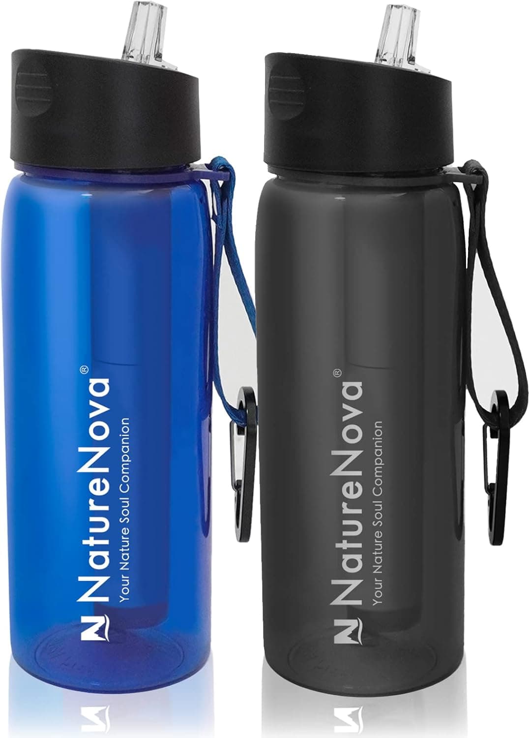 Naturenova Water Filter Bottle with 4-Stage Integrated Filter Straw BPA Free for Camping, Hiking, Backpacking, Emergency and Travel, Black 650ml