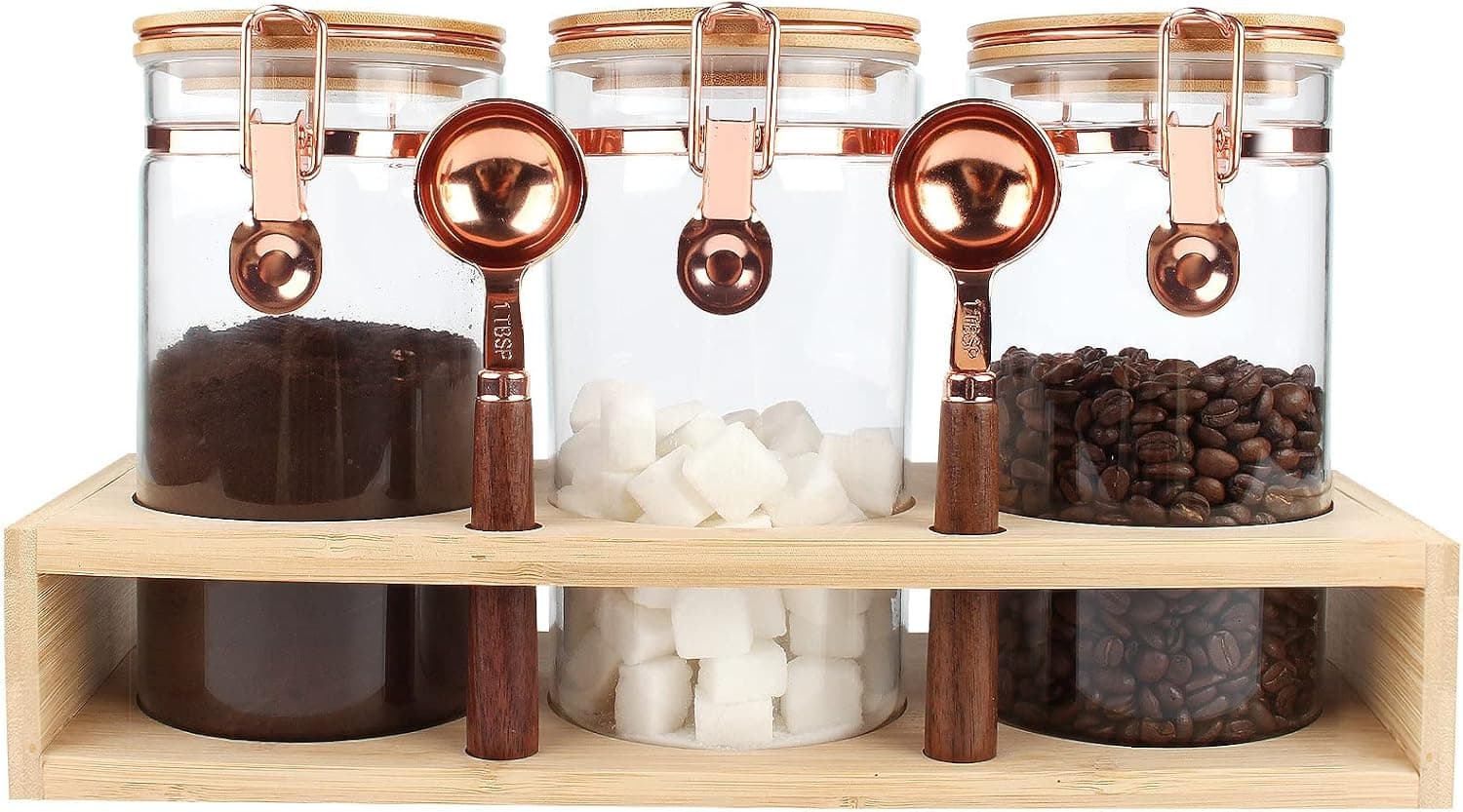 YMEYME 3pcs Coffee Canister with Shelf Copper - 3x41oz Glass Coffee Bean Storage Airtight Container Set of 3 With Scoops for Kitchen Food Storage Ground Coffee Tea Sugar