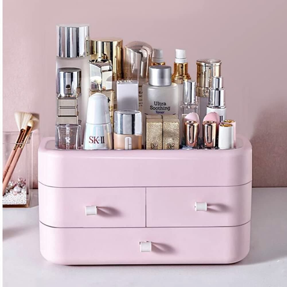 MIUOPUR Makeup Organizer with Drawers, Countertop Organizer for Cosmetics, Ideal for Bathroom and Bedroom Vanity Countertops, Desk Storage Holder for Lipstick, Brushes, Nail Polish and Jewelry -Pink