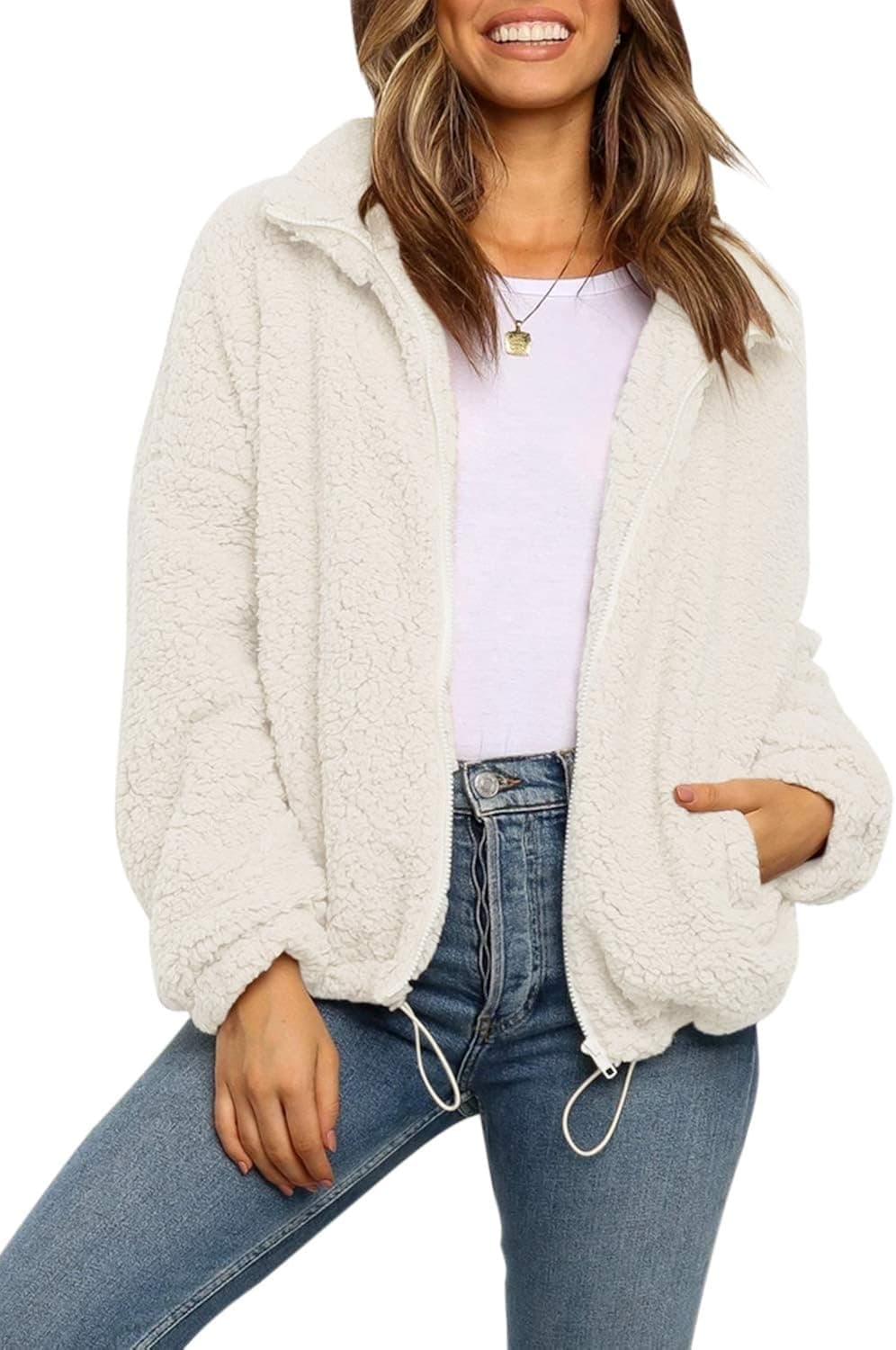 ZESICA Women's Autumn Winter Long Sleeve Sherpa Fleece Zip Up Drawsting Jacket Coat Outwear with Pockets Offwhite