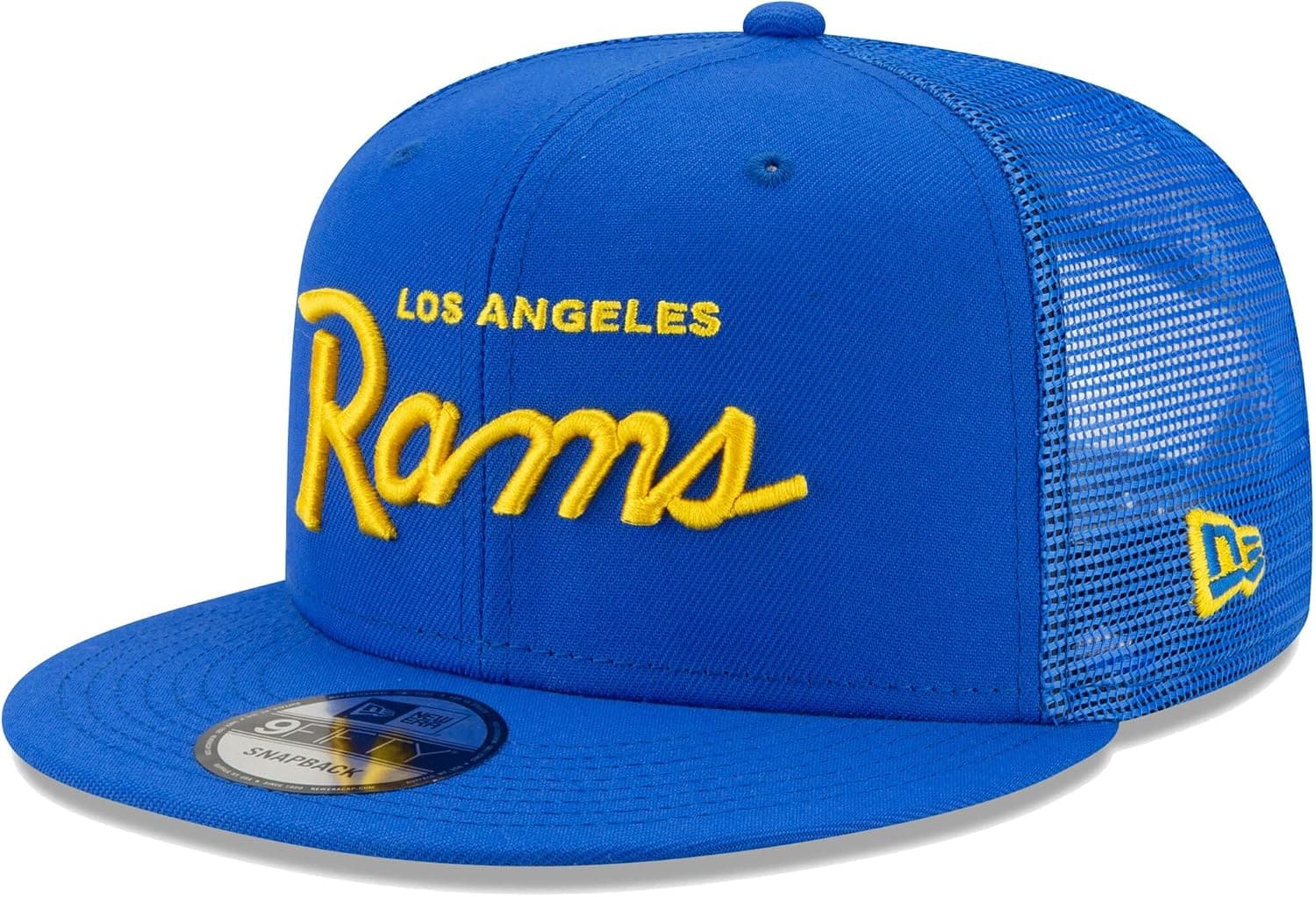 New Era Men's Royal Los Angeles Rams Script Trucker 9FIFTY Snapback Hat