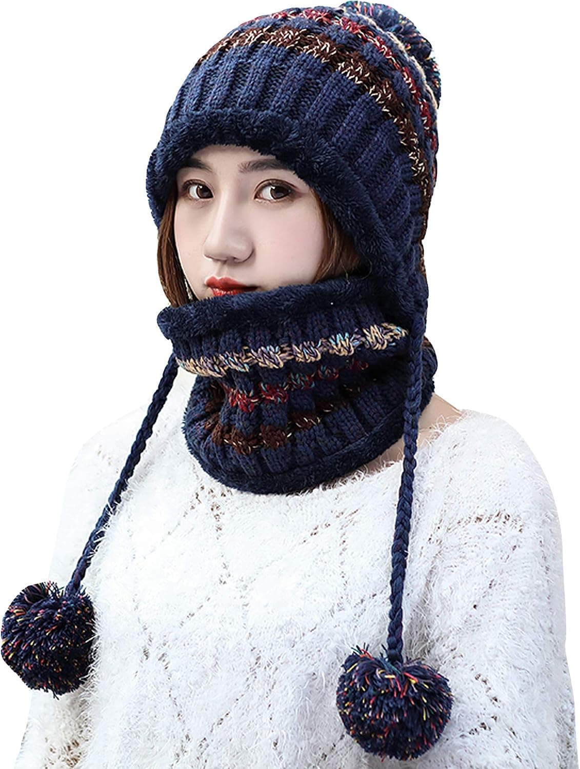 NOVMAY 2 Pcs Knitted Hat Scarf Set for Women Winter Warm Fleece Lined Beanie Hat Earflap Ski Hat with Pompom