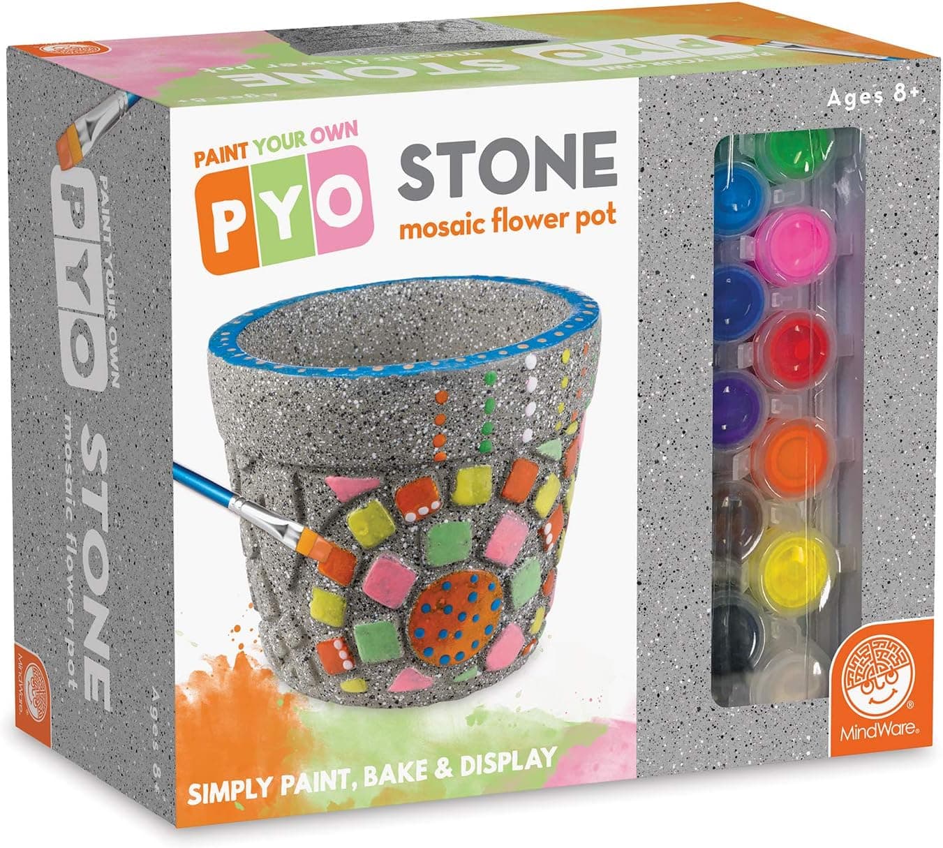 MindWare Paintable Stone Flower Pot Kit for Kids - DIY Paint Your Own Kit Includes Stone Mosaic Flower Pot, Paint and Brushes