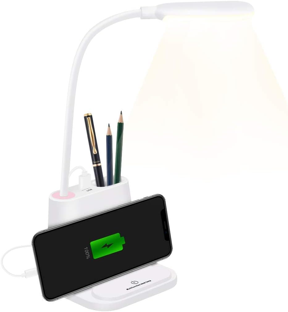 Giiwi LED Desk Lamp with USB Charging Port, Small Desk Light Flexible Hose with Pen Holder for Home Office Bedroom Dorm Reading Light