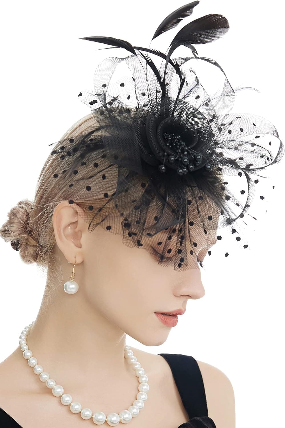 Myjoyday Women's Fascinators, Feathers Tea Party Hat, Veil Headband with Hair Clip for Cocktail Church