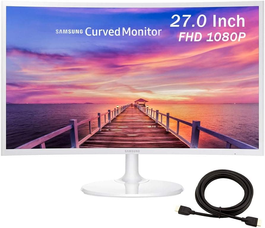 2020 Samsung LC27F391FHNXZA 27 Inch FHD (1920 x 1080) Curved LED Monitor, HDMI, VGA, AMD Radeon FreeSync, White + NexiGo 4K HDMI Cable Bundle