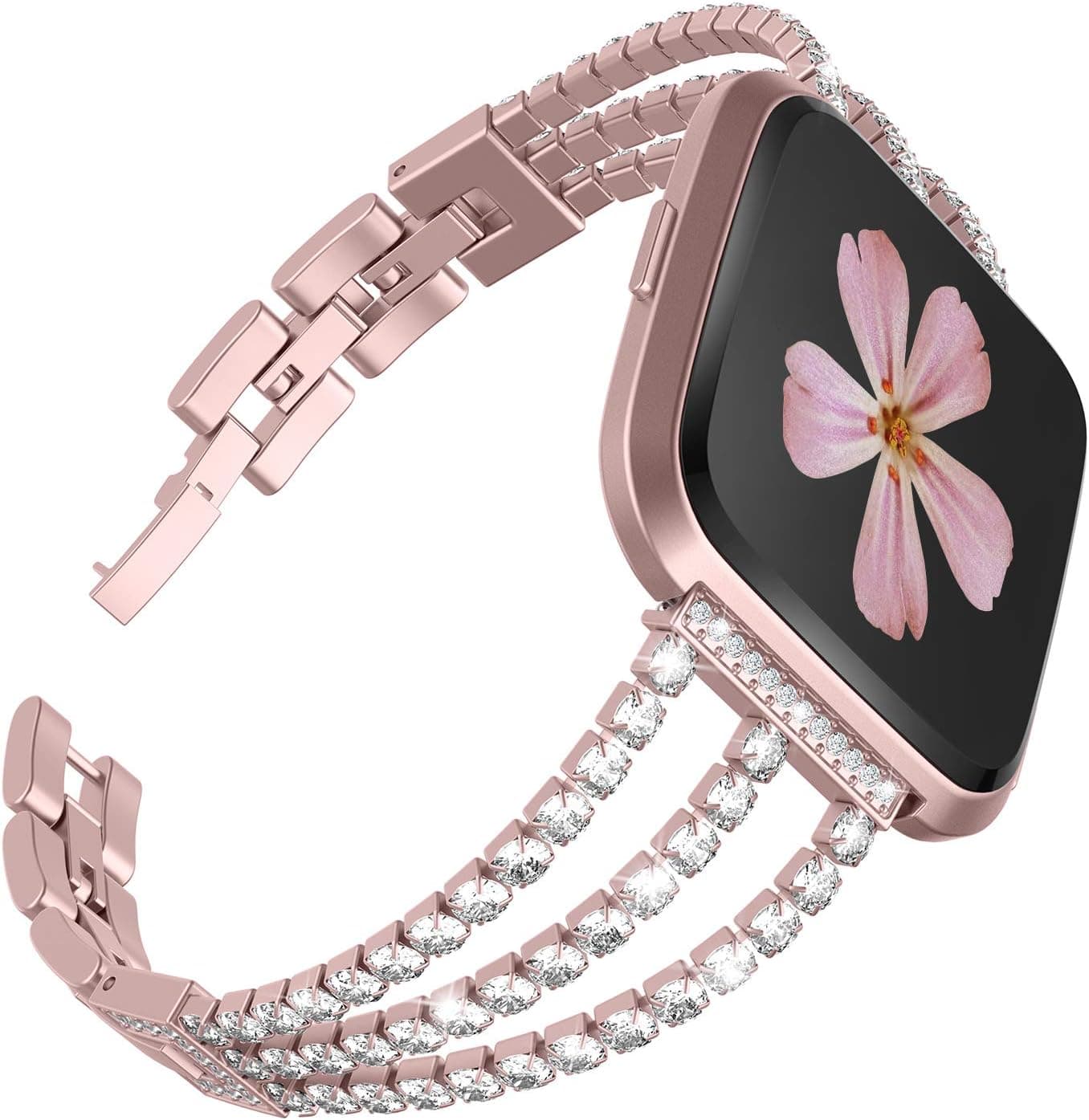 TOYOUTHS Compatible with Fitbit Versa/Versa 2 Bands Women Stainless Steel Jewelry Bracelet Replacement for Fitbit Versa Lite Special Edition Metal Dressy Diamond Wristbands Accessories (Rose Gold)