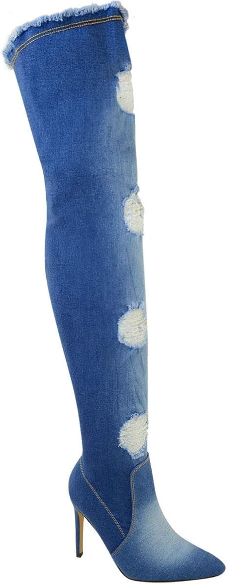 Fashion Thirsty Womens Ladies Over The Knee Boots Thigh High Heels Stilettos Stretch Denim Size