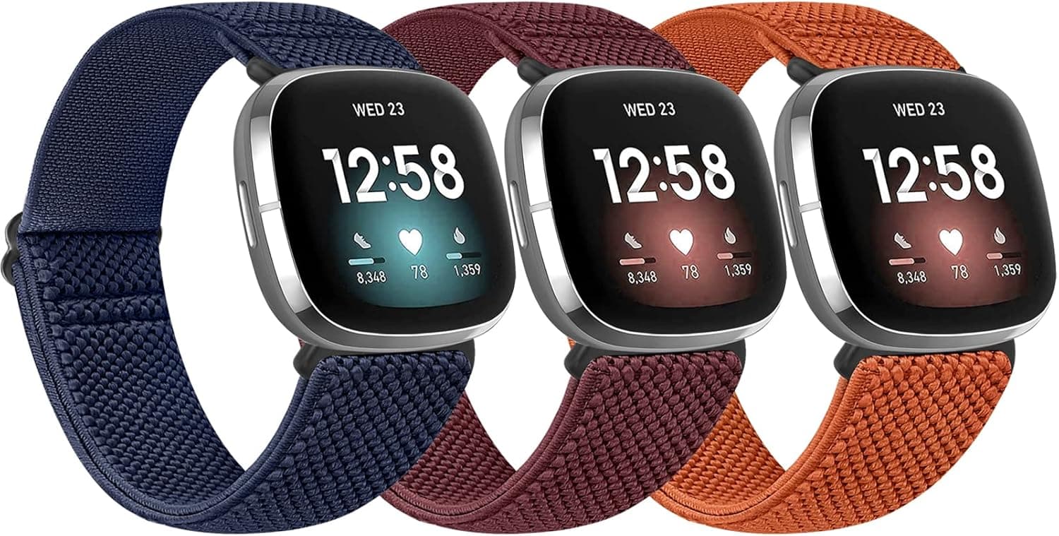 Huamanlou 3 Pack Elastic Nylon Watch Bands Compatible with Fitbit Versa 3/Fitbit Sense, Soft Adjustable Breathable Fabric Stretchy Replacement Wristbands for Women and Men