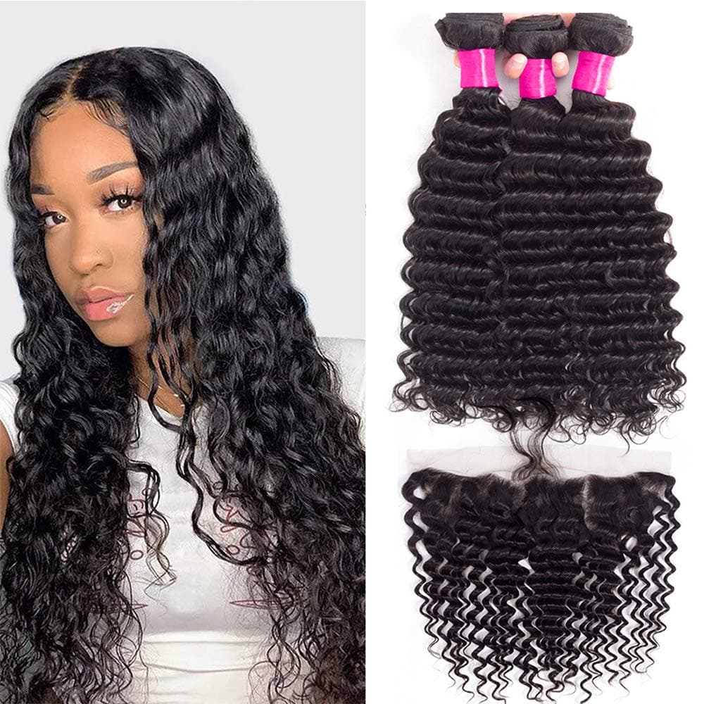 VRVOGUE Brazilian Deep Wave (22" 24" 26") Human Hair Bundles with Frontal Lace 20 Inch Free Part 13x4 Ear To Ear 100% Unprocessed Virgin Brazilian Weave Hair (Natural Black-350g-130% Density)