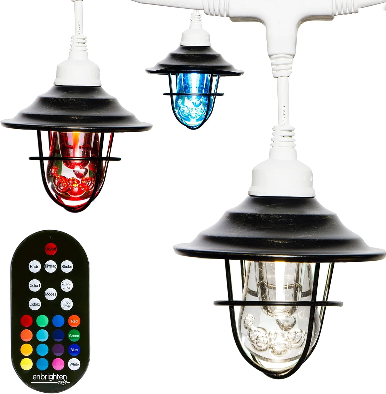 Enbrighten Seasons LED Warm & Color Changing Café Lights with Oil-Rubbed Bronze Lens Shade, Outdoor String Lights, White, 24ft, 12 Lifetime Bulbs, Wireless, Weatherproof, Indoor/Outdoor, 43387