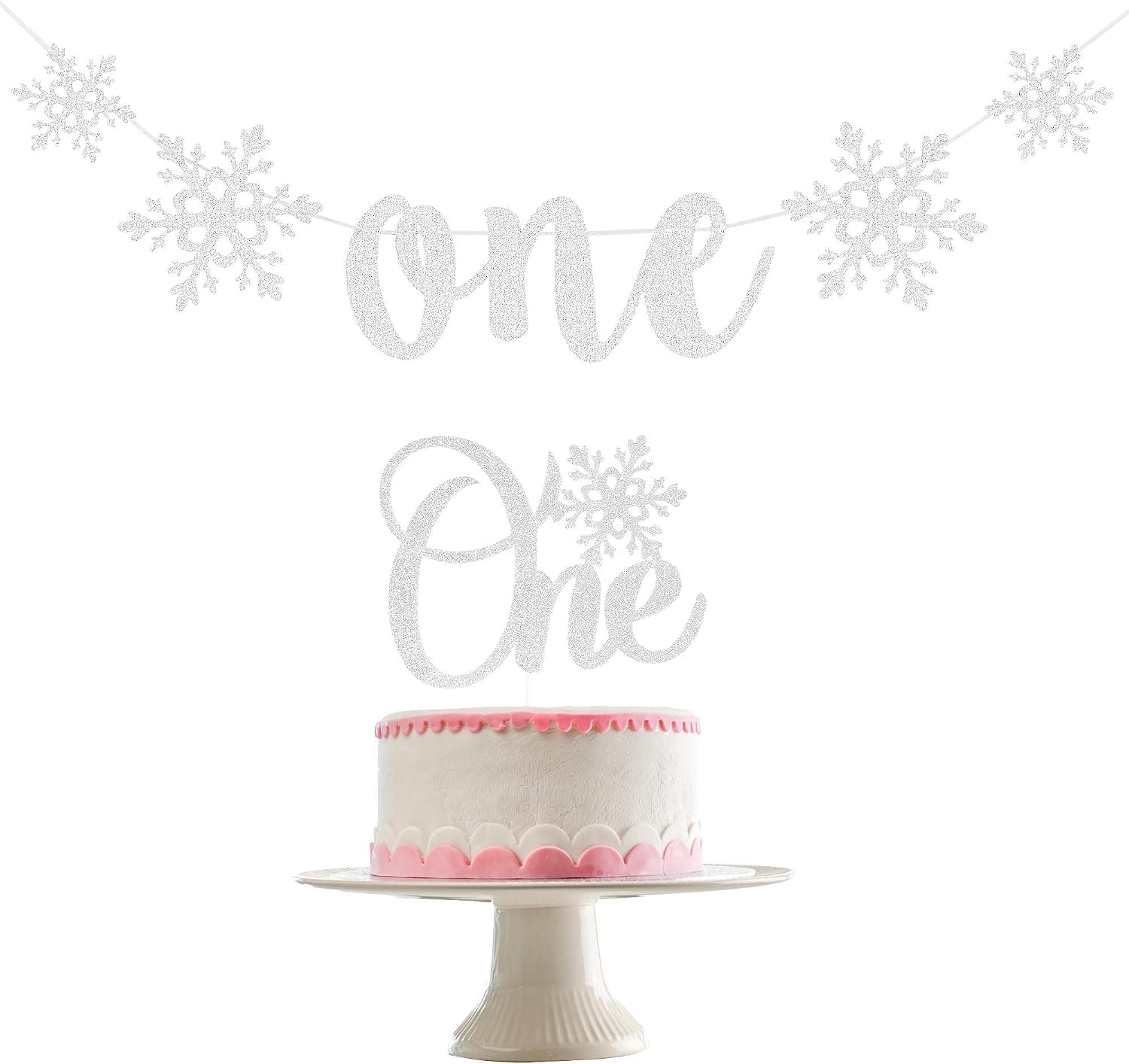 Silver Snowflake One Banner Winter Onederland Birthday Banner and One Snowflake Cake Topper for Winter Onederland 1st Birthday Decorations