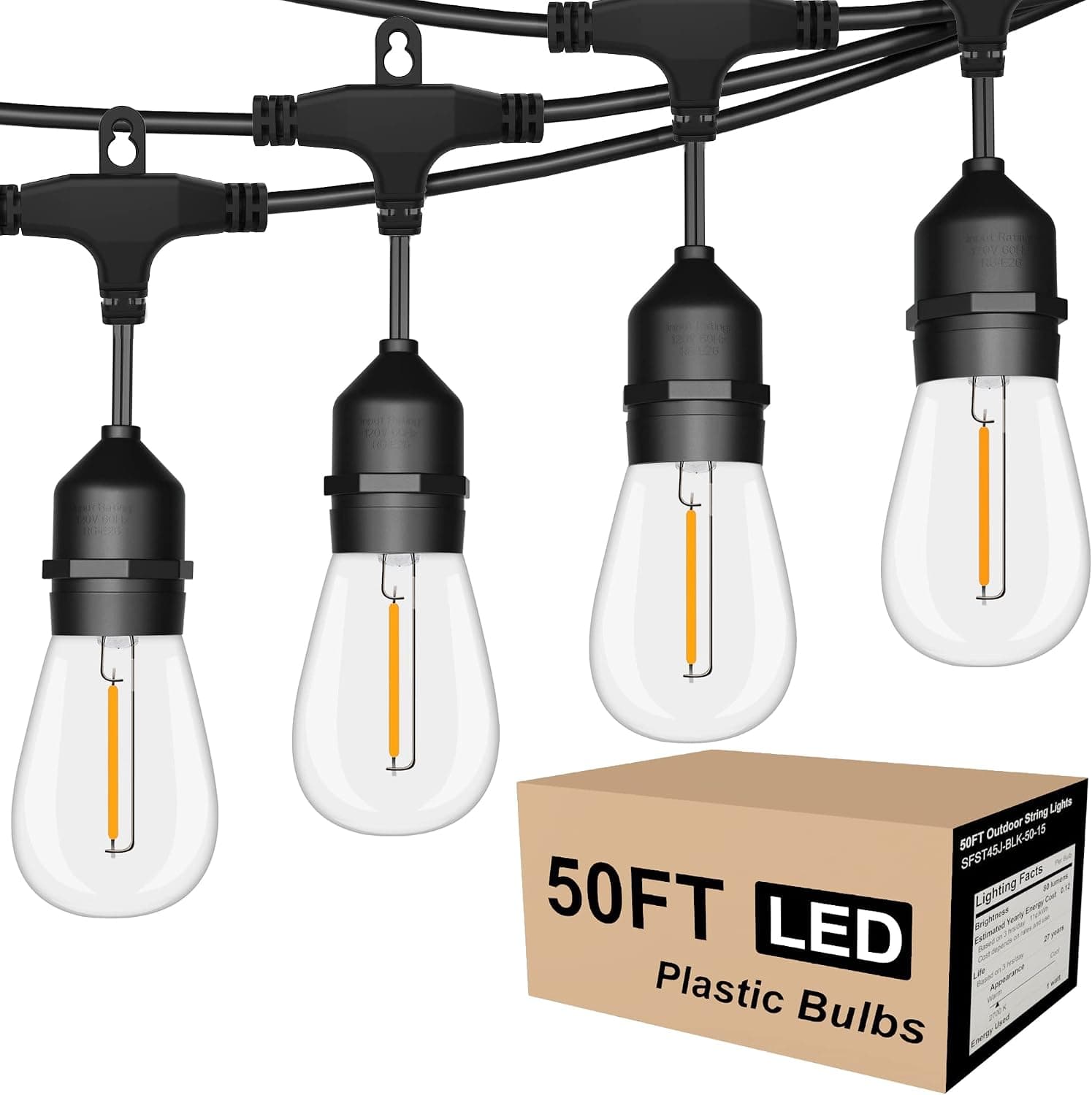 Outdoor String Lights LED 50FT Commercial Grade Heavy Duty Light String Lights with 15 Sockets 17 Shatterproof Plastic Bulbs Include 2 Spare S14 Dimmable Edison Bulbs Patio Market Cafe String Lights