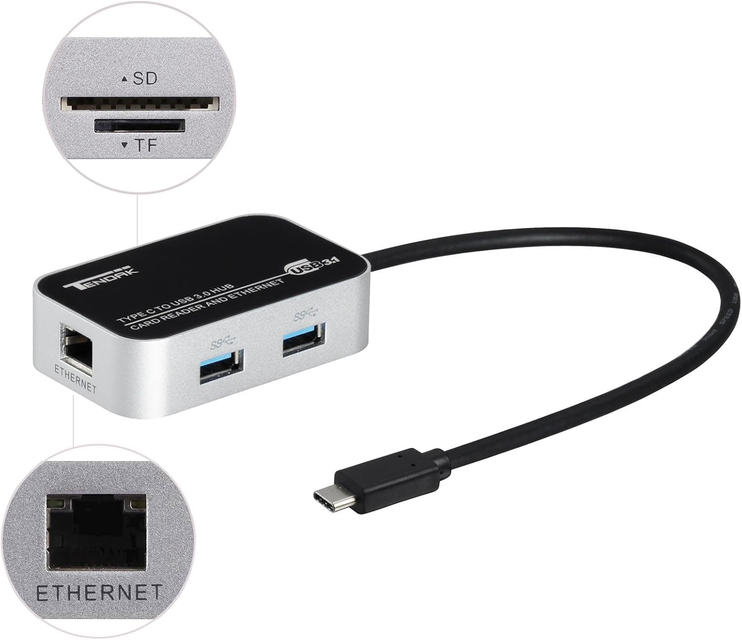 Tendak Reversible Type C USB 3.1 to RJ45 Gigabit Ethernet Supporting 10/100/1000 Ethernet Converter Cable USB Network Adapter with 2 USB 3.0 HUB Port and Card Reader for 12-inch MacBook