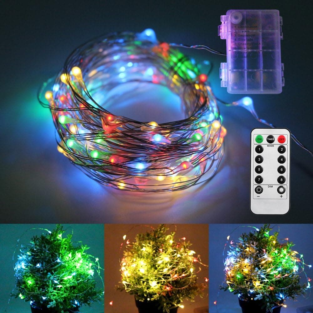 Remote Control LED String Lights 33FT 8 Modes 100 LED Waterproof Battery Operated Fairy Decoration Lights for Christmas, Wedding, Party, Home Decor - Multicolor