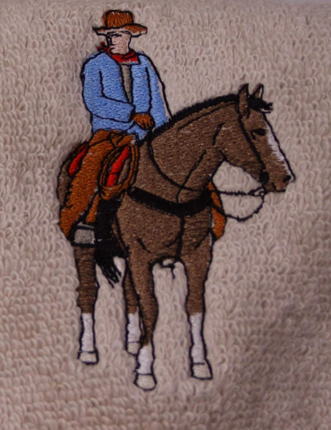 Bath Towel Set with Embroidered Cowboy on a Horse - Beige Terry
