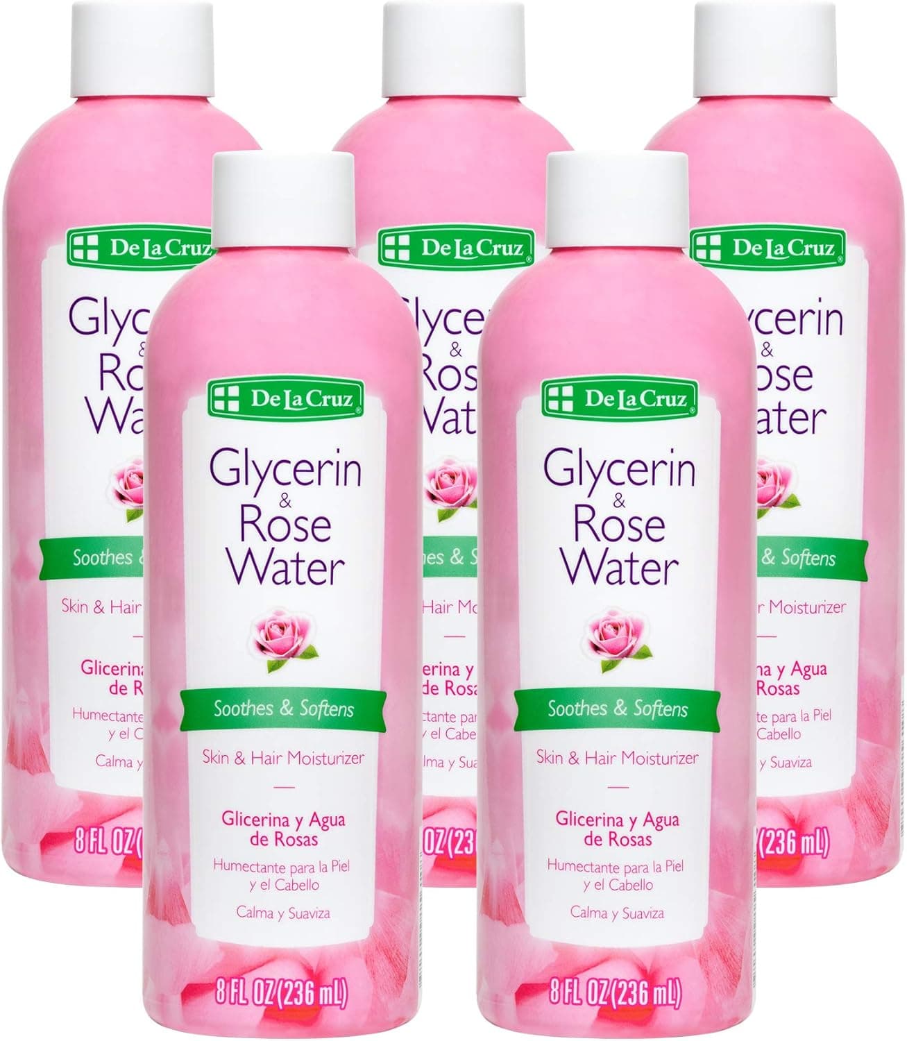 De La Cruz Rose Water and Glycerin for Face - Rosewater Facial Toner and Moisturizer for Skin and Hair 8 fl oz (236 mL) - 5 Bottles