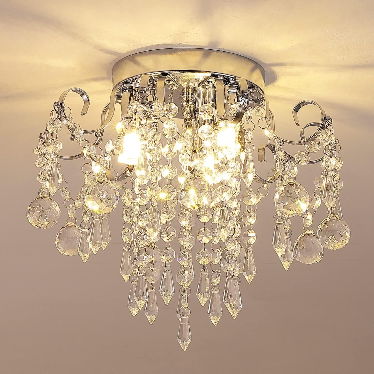Mini Crystal Chandelier, Small Flush Mount Ceiling Light, Modern 3 Light G9 Round Raindrop Ceiling Chandeliers Lighting Fixture for Porch,Bedroom,Hallway,Closet,Corridor.
