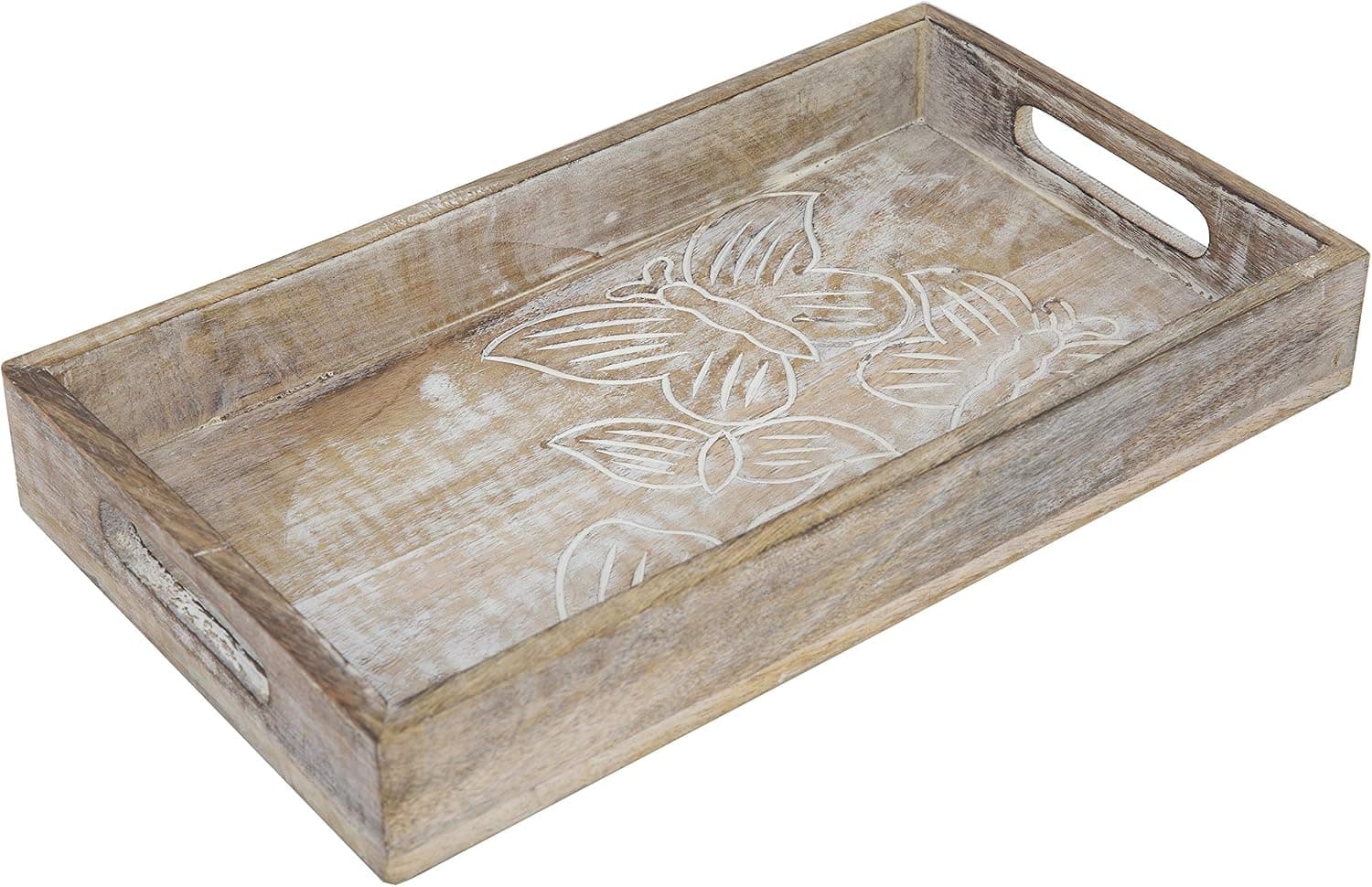 Decorative Wood Serving Tray w/ Handles (Whitewash) - Small Farmhouse Trays for Coffee Table - Butterflies Engraved Small Ottoman Tray for Breakfast in Bed - Mango Wood Decorative Tray -14”x 10”x 2.5”