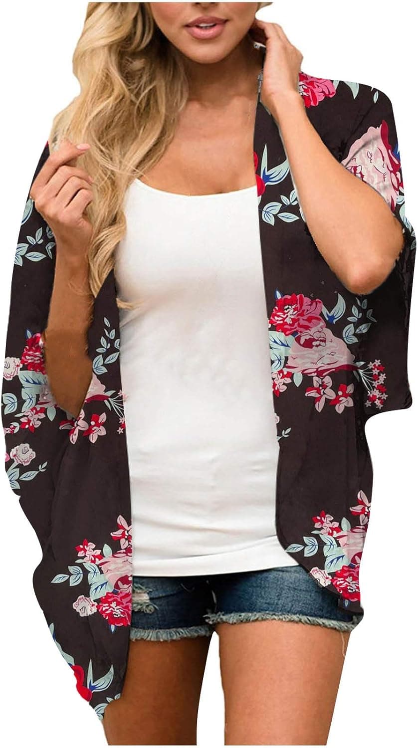 FRSH MNT Women's Flowy Summer Kimono Cardigans Chiffon Casual Loose Open Front Boho Floral Print Beach Cover Up Tops Shirts