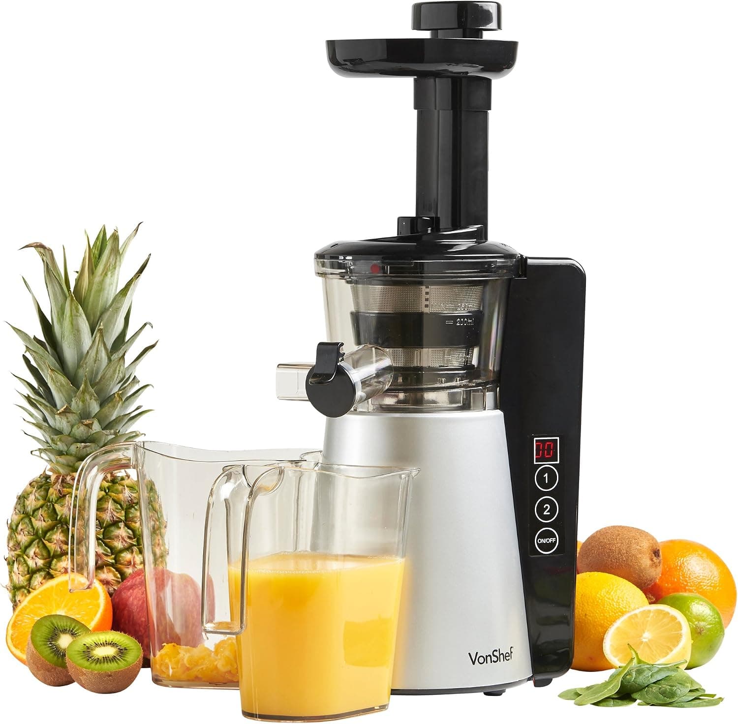 VonShef Digital Slow Masticating Juicer Machine with 2 Speeds, Reverse Function, Quiet Motor & Cleaning Brush