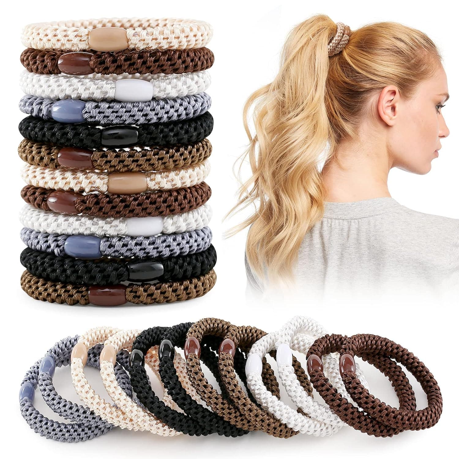 Bessrung Hair Ties for Women Thick Hair, 36 Pcs High Elastics Braided Hair Bands, Soft No Damage Ponytail Holder Hair Accessories with Bead(Black/Brown/White/Beige/Coffee)