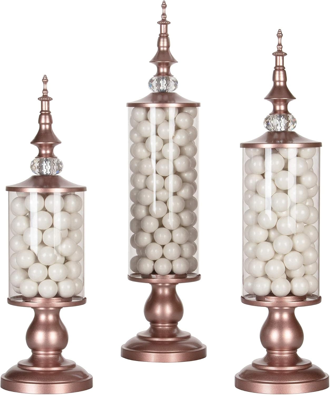 Amalfi Decor Apothecary Jars Clear Glass Candy Dish Holder with Metal Lids Cookie Jar Buffet Display, Rose Gold, Set of 3