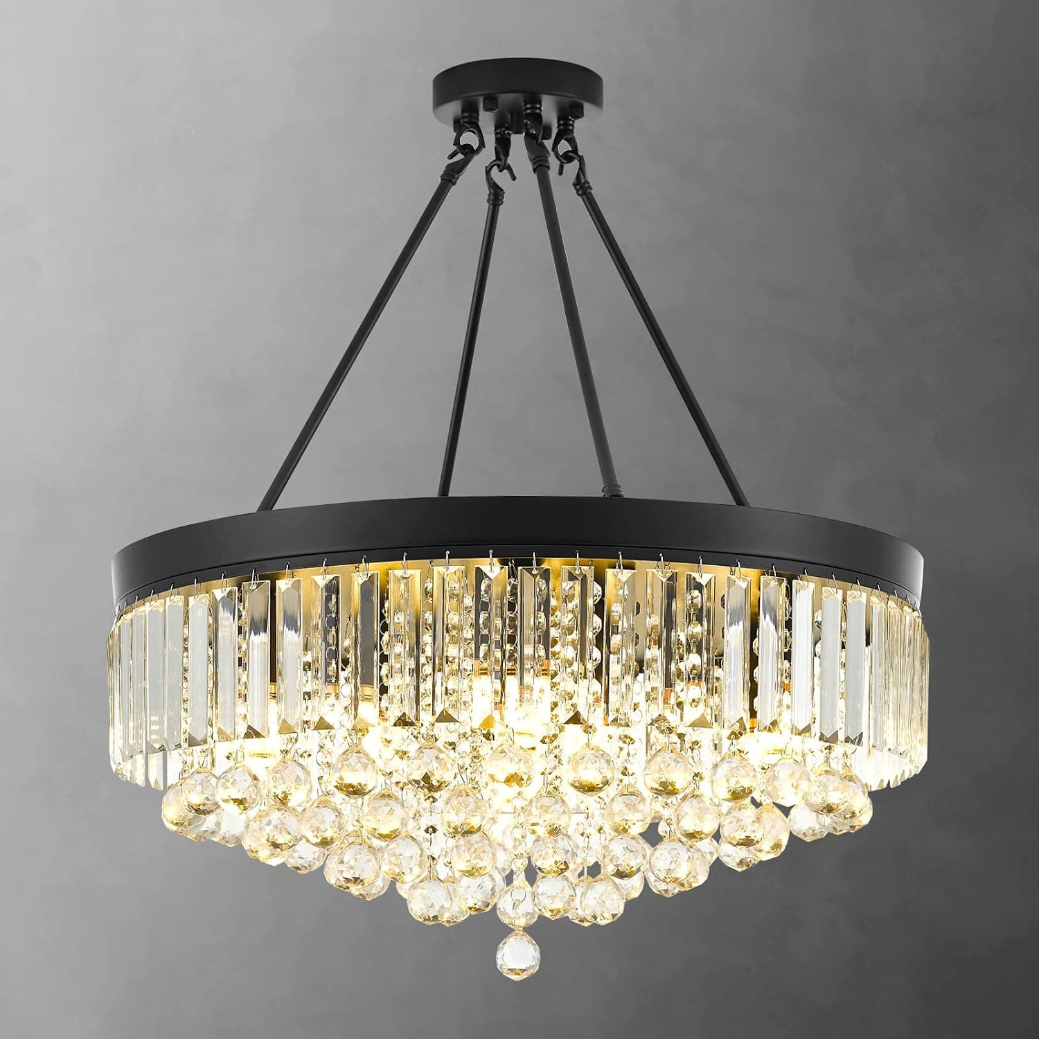 brfaixla 9-Light Crystal Chandelier Black 21.67'' Modern Semi Flush Ceiling Crystal Hanging Light Fixture Sparkling Decoration for Living Dining Room Bedroom Kitchen Island Hallway Foyer