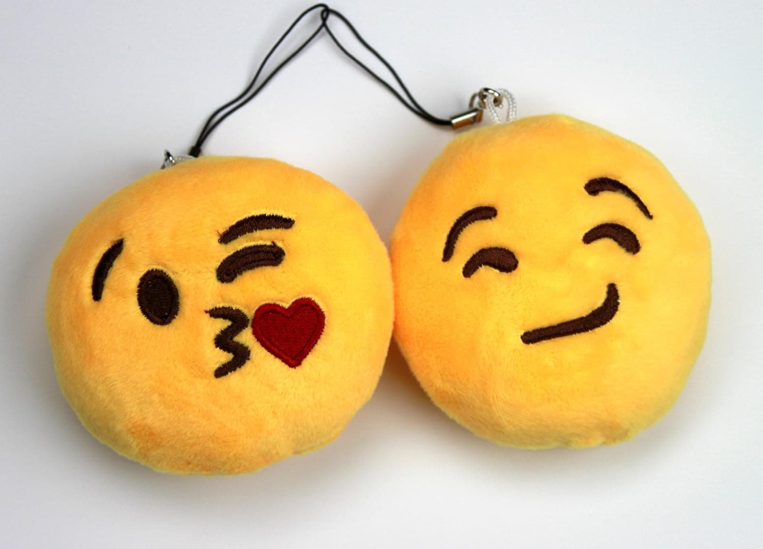 Syleia Emoji Set of 2 Smirking Face and Kissing Face Yellow Bright Plush Toy, Backpack Purse Accessory, Party Favor, Keychain, Car Charm