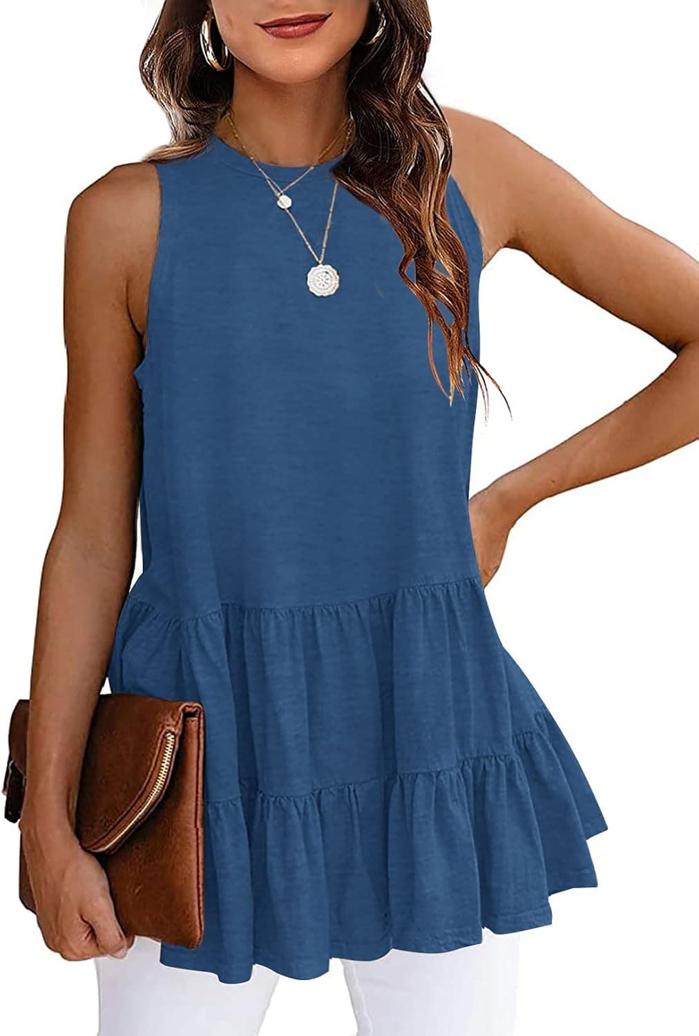 HAEOF Women's Sleeveless Casual Summer Tops Crew Neck Flowy Peplum Loose Fit Shirts Tunic Blouse Babydoll Tops