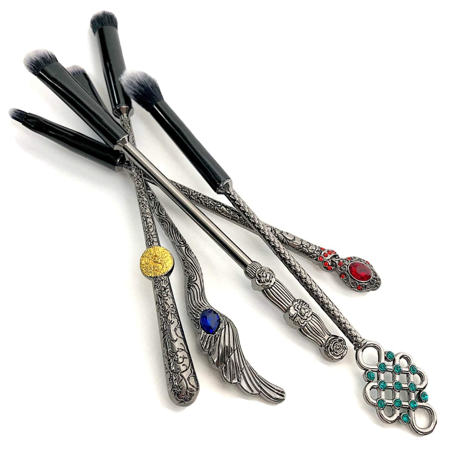 Potter Wizard Wand Makeup Brushes Set, 5pcs bewitching eyeshadow brushes ornate bejeweled gun metal alloy handles