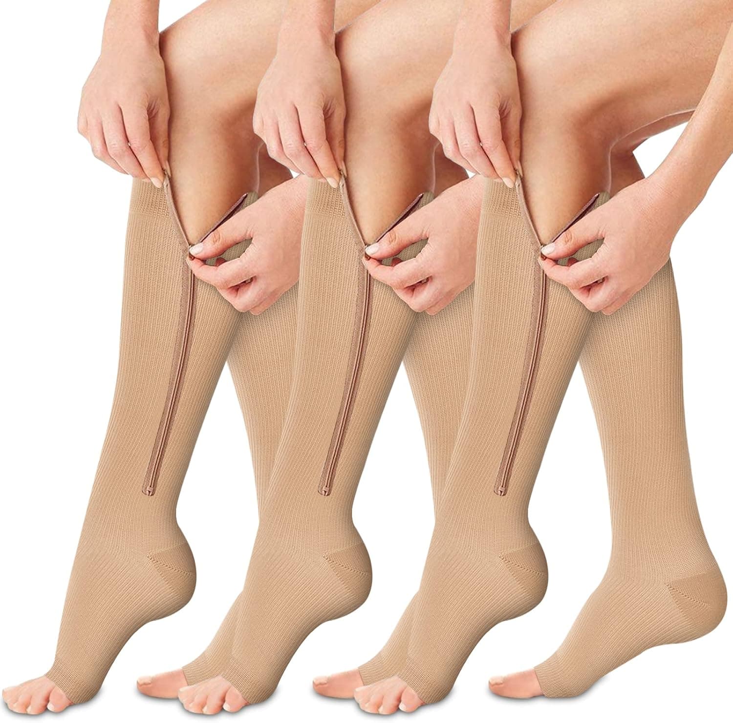 Bluemaple Zipper Compression Socks-3Pairs Calf Knee High Open Toe Compression Stocking with zipper