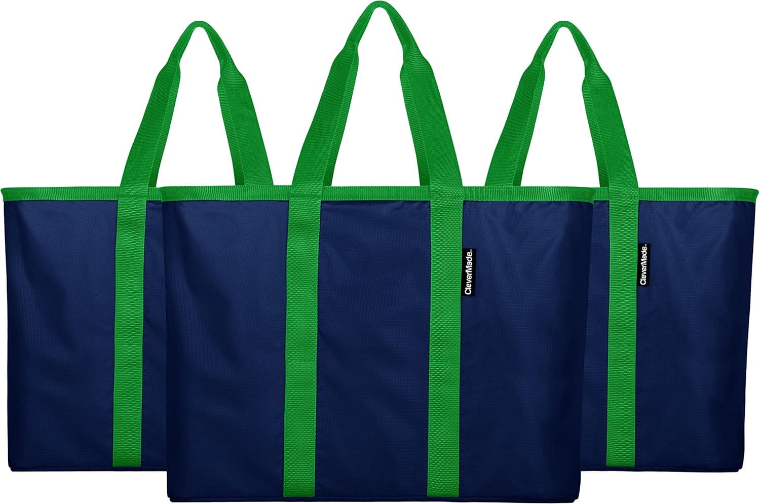 CleverMade SnapBasket XL 40 Liter Reusable Tote Bag with Reinforced Bottom: Collapsible Grocery Shopping Basket, Deep Blue/Kelly Green, 3 Pack