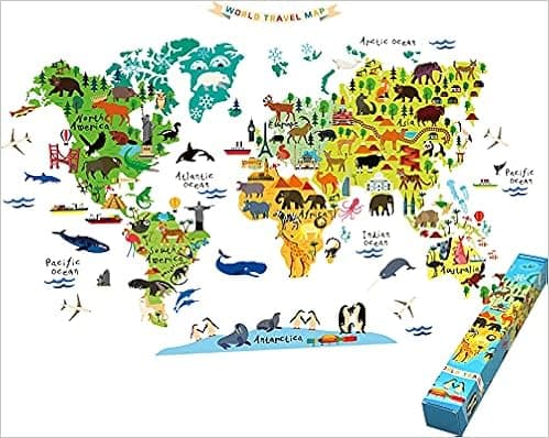 HomeEvolution Large Safari Animals World Map Wall Decals Educational Landmarks Stickers for Kids Bedroom Living Room Décor