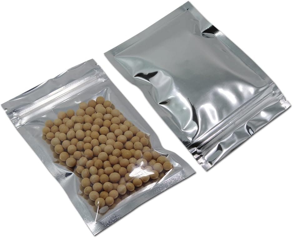 100 Pack Zipper Lock Resealable Flat Clear Front Aluminum Foil Back for Zip Mylar Bags Lock Food Coffee Candy Storage Heat Sealable Smell Proof Myalr Foil Grip Seal Wrap Package (9x16cm(3.5x6.3 inch))