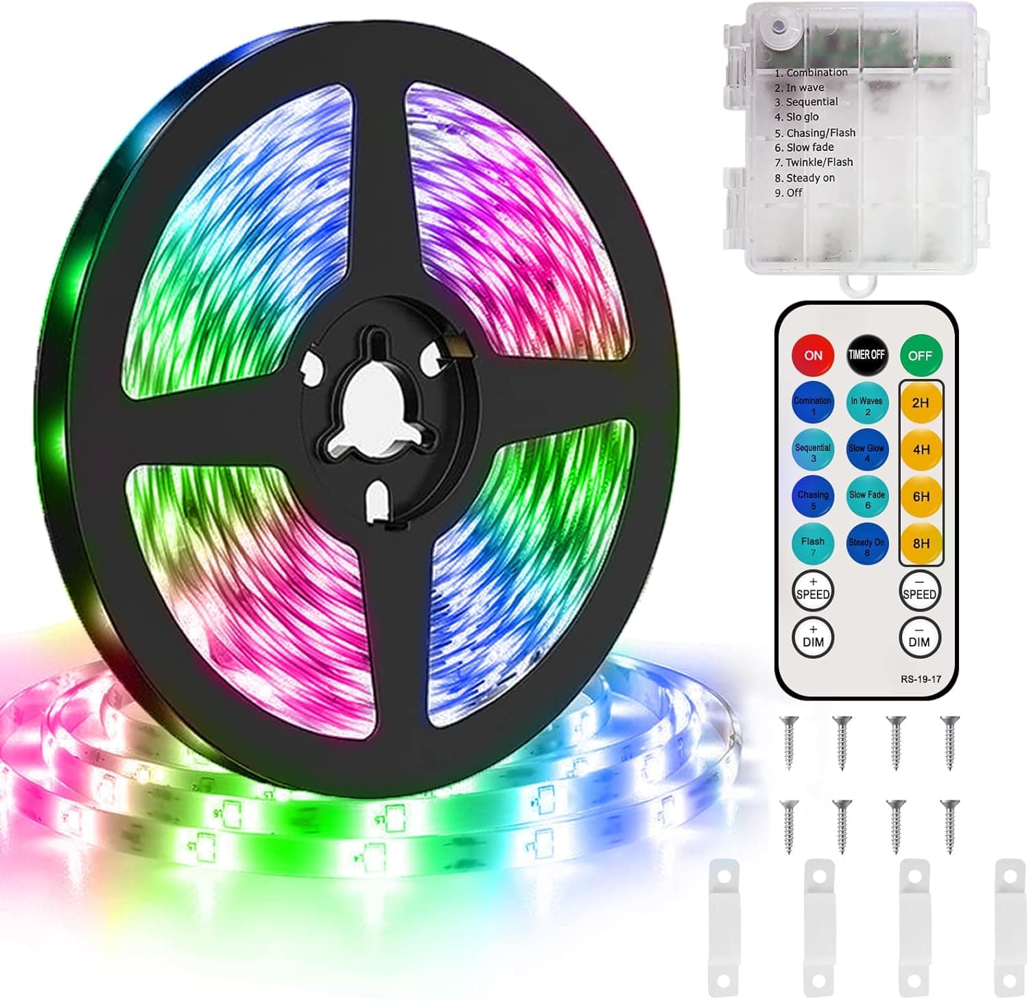echosari 16.4ft LED Strip Lights Batter Powered 150 LEDs RGB Tape Lights Strip with Remote, 8 Modes, Timer, Dimmable, Waterproof, Self-Adhesive LED Lights for Dorm Bedroom Cabinet Bar(Multicolor)