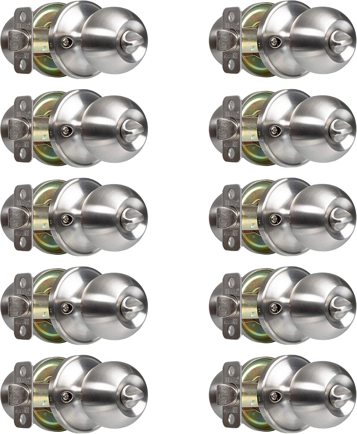 Ilyapa Privacy Door Knobs for Bed and Bath - Ball Style, Satin Nickel Interior Keyless Turn Thumb Locking Round Door Handle, Satin Nickel, 10 Pack