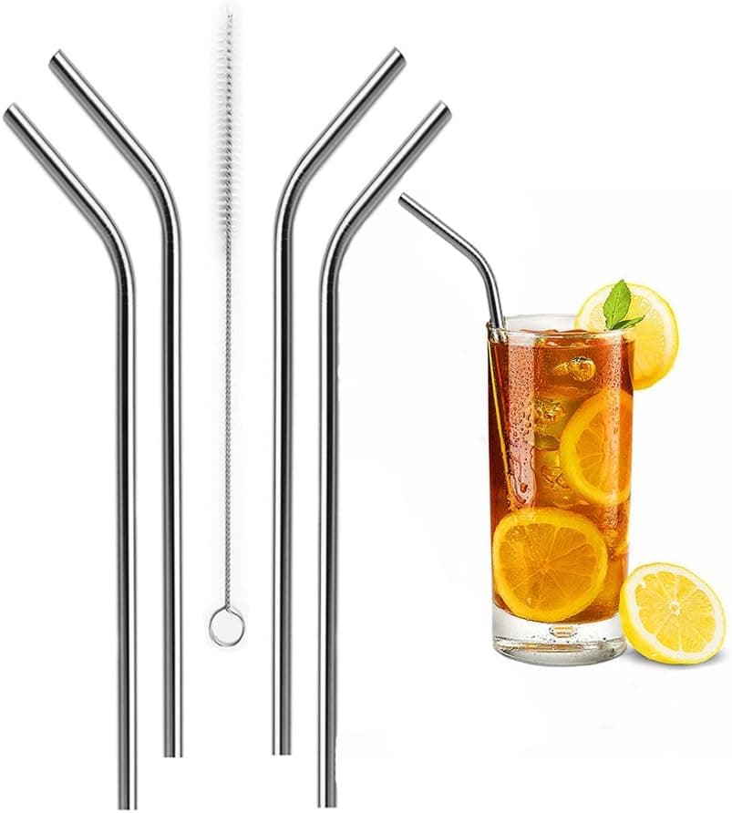 Bailyn Reusable Stainless Steel Drinking bend Straws set of 4 free cleaning brush included,Eco Friendly Metal straws fit 20-30oz for Tumbler soda water,juice,milk ,Rambler cup