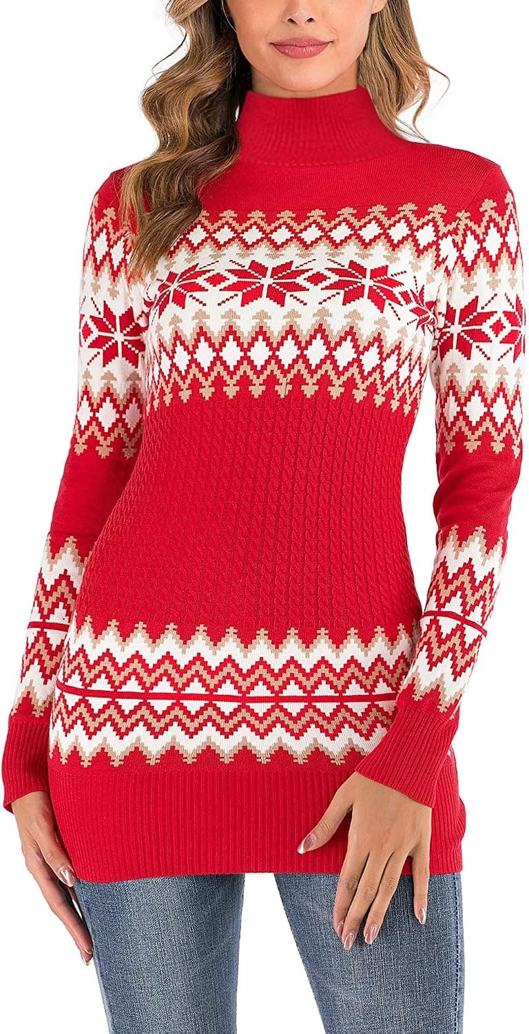 Enjyam Women's Christmas Snowflake Sweater Turtleneck Vintage Holiday Knit Sweater Pullover S-XXL