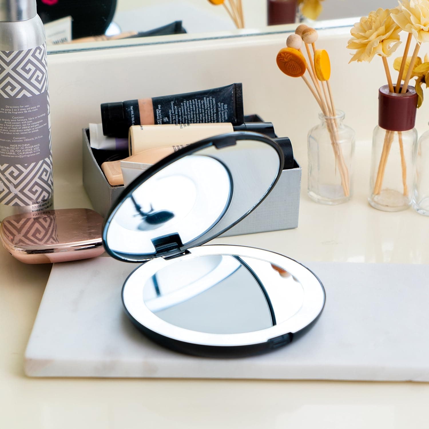 Ultimate Beauty 5 Inch Travel Makeup Mirror – Daylight LED Lighted, 7X Magnification, Fold-able, Lightweight, Portable Mirror Compact, Led Illuminated