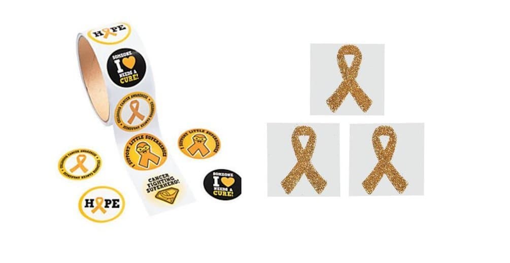 200 Gold Childhood Cancer Awareness Stickers (2 Rolls) And Gold Awareness Face Tattoo's