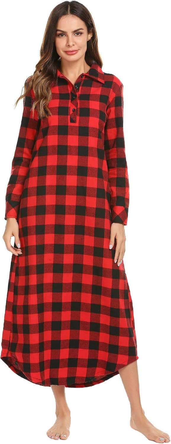 Ekouaer Nightgown,Womens Plaid Night Dress Long Sleeve Sleepwear Full Length Sleep Shirt with Pockets Loungewear,Red,Medium