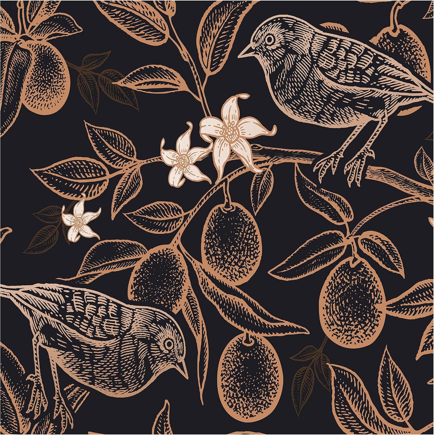 UniGoos Bird On a Branch of Citrus Tree Peel and Stick Wallpaper Vinyl Removable Self-Adhesive Wall Paper Roll Black Background Vintage Contact Paper for Living Room Cabinet DIY Decor 17.7" x118"