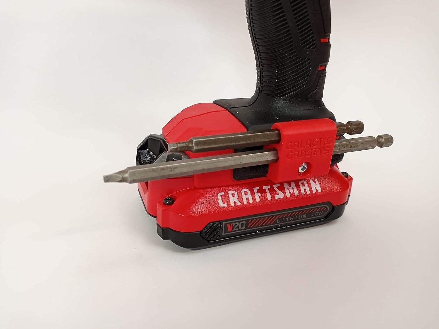 Side Mount MAGNETIC Bit Holder for Dewalt 20V or Craftsman V20 Drill or Driver - 2 Slot Pass Thru (Red) - Galactic Gadgets