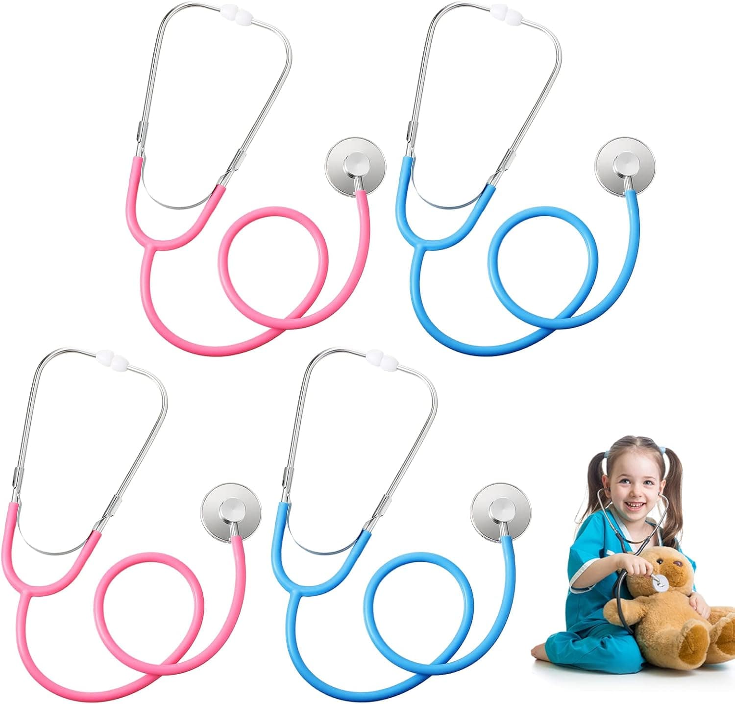 4 Pieces Kids Stethoscope, Stethoscope Toy Real Working Stethoscope for Kids Role Play Nursing Stethoscope Costume Cute Doctor Pretend Game Accessories (Pink, Blue)