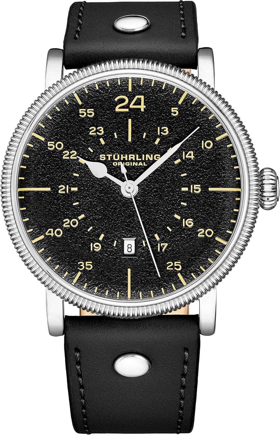 Stuhrling Original Mens Watch. Analog Quartz Military Wrist Watch. Genuine Calfskin Leather Strap, Black Dial, 24-Hour Watch. Aviator Watches for Men. 22mm Watch Band. A Smart Watch to wear.