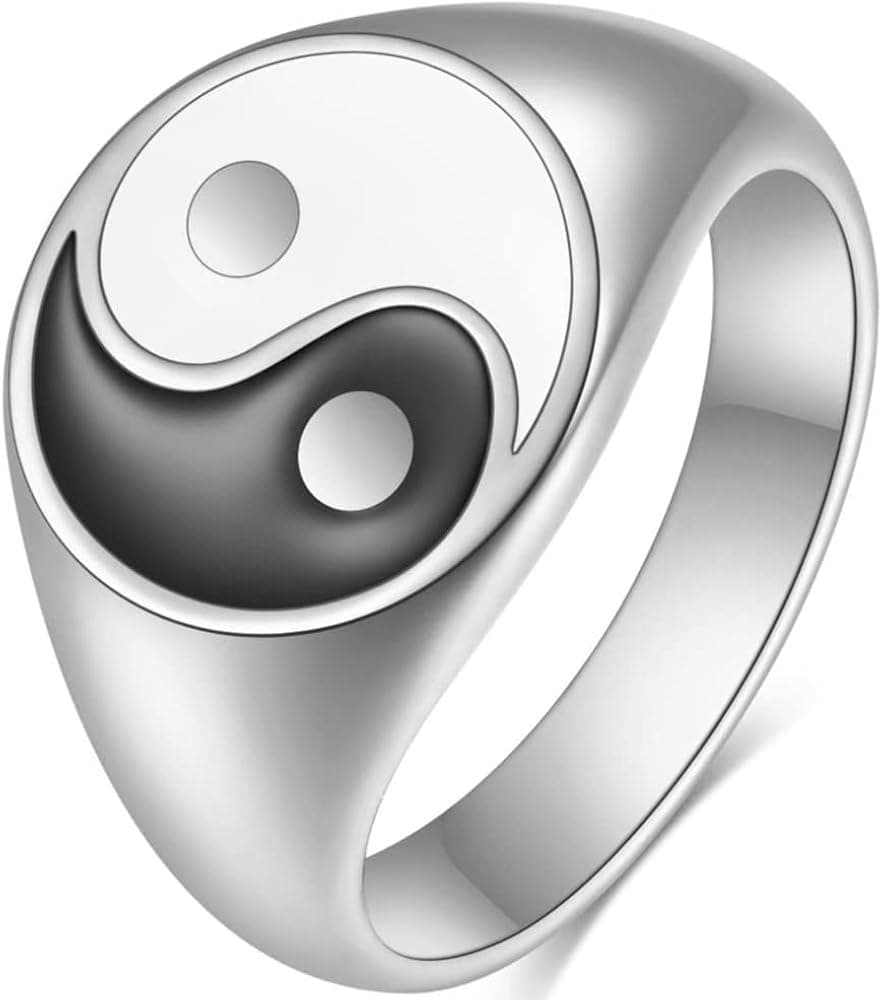 Stainless Steel Round Signet Shape Chinese Taiji Yin-Yang Feng Shui Cocktail Party Biker Ring